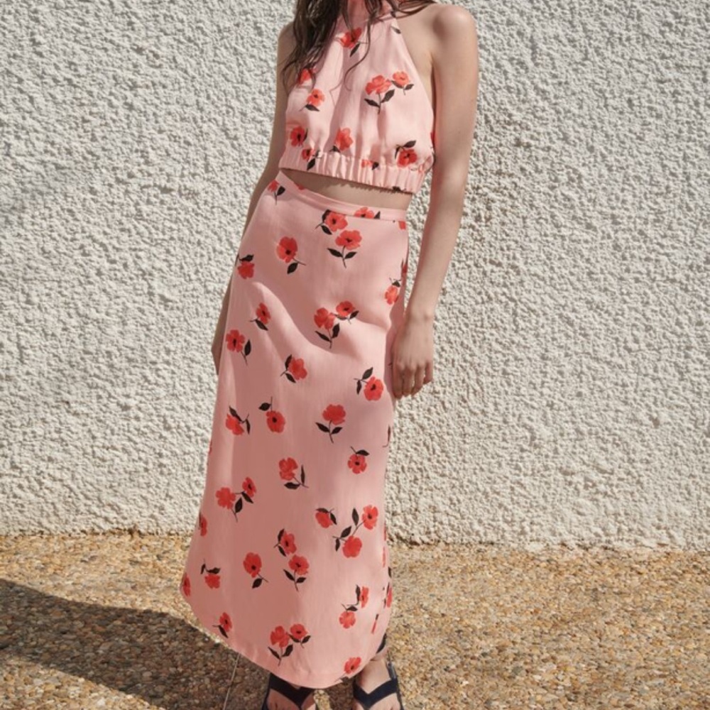 Zara Printed linen blend set in pink